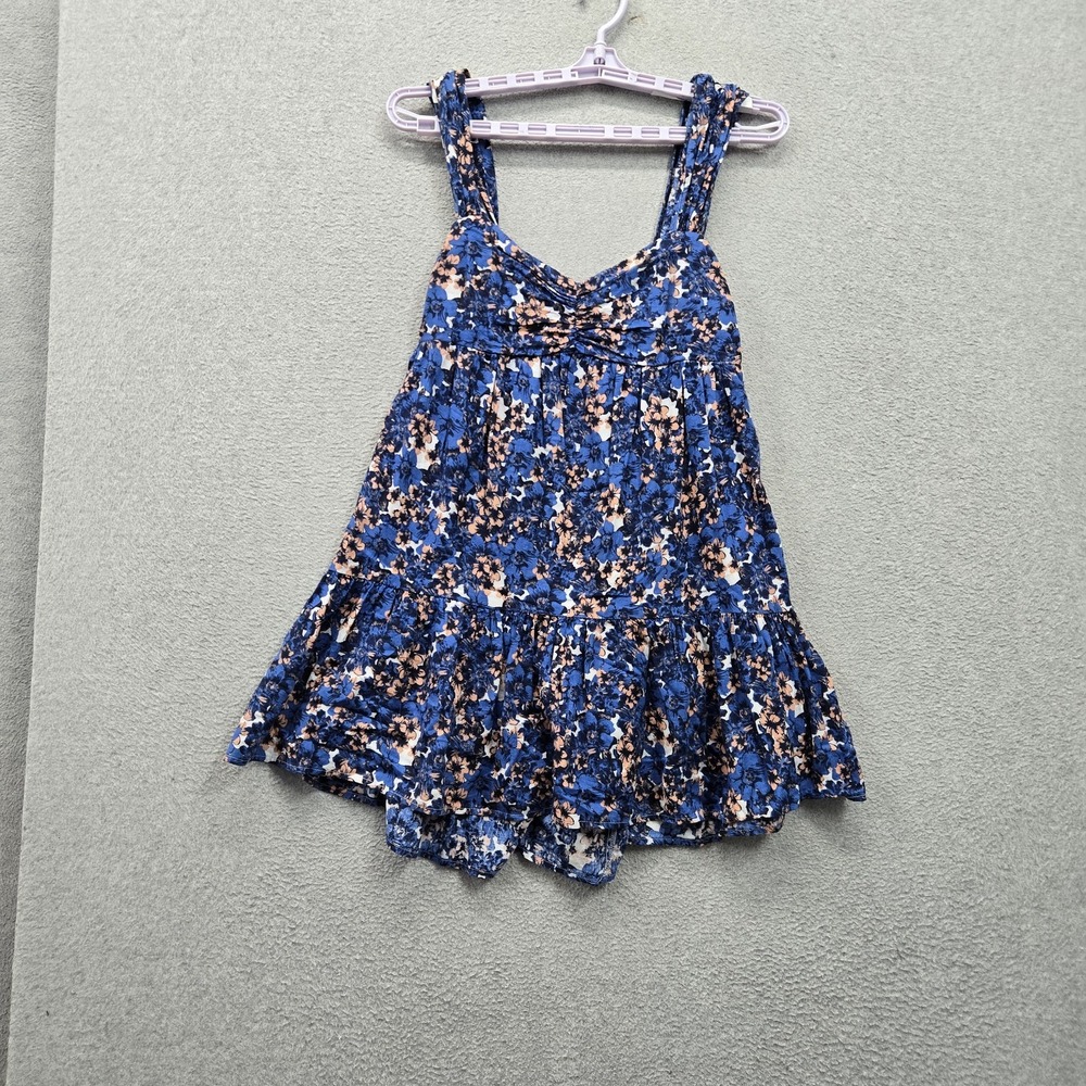 Free People Women Dress US S UK Blue Linen Viscose Floral Sundress Tiered Mini